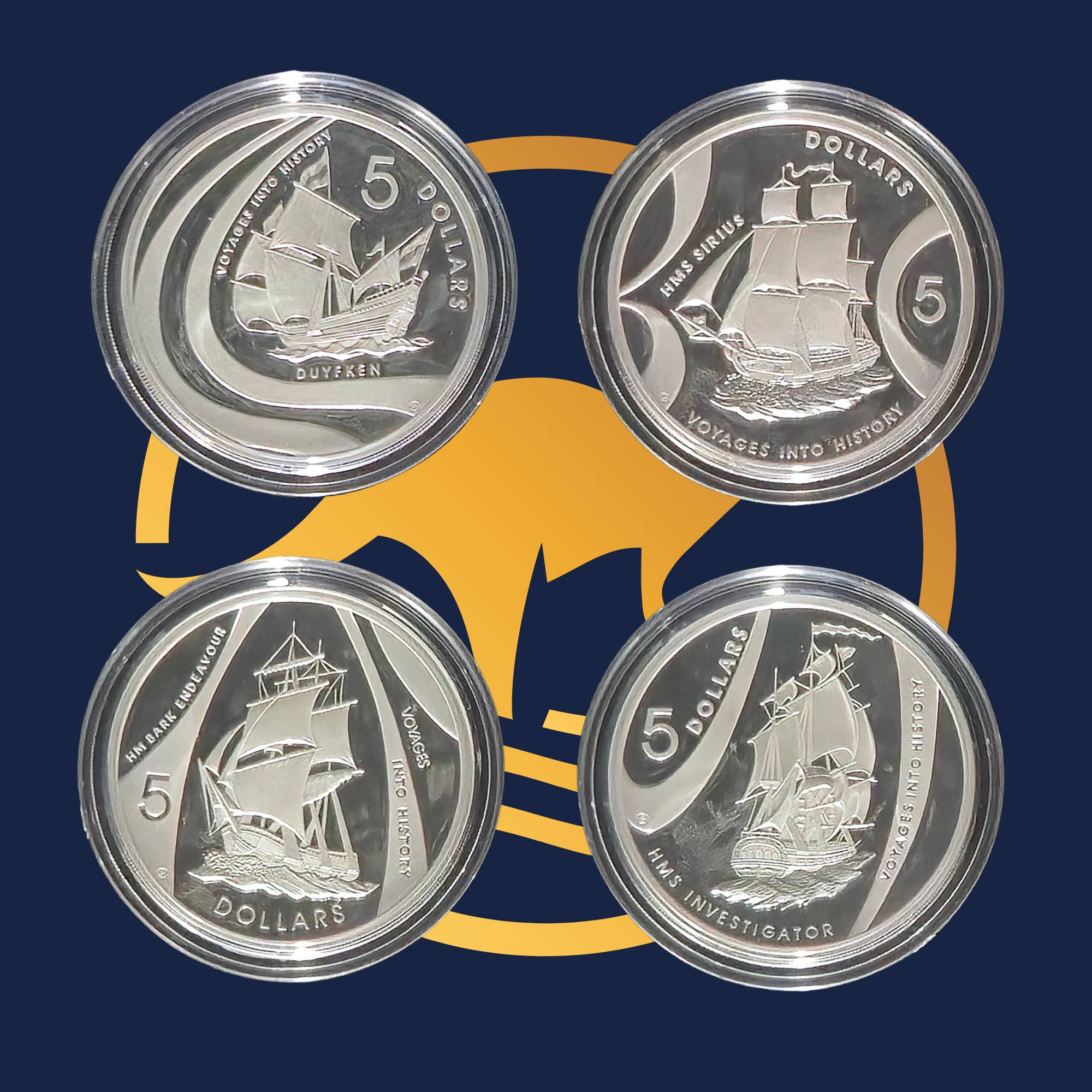 Royal Australian Mint 2002 Voyages into History four silver coins with ship designs on a blue background