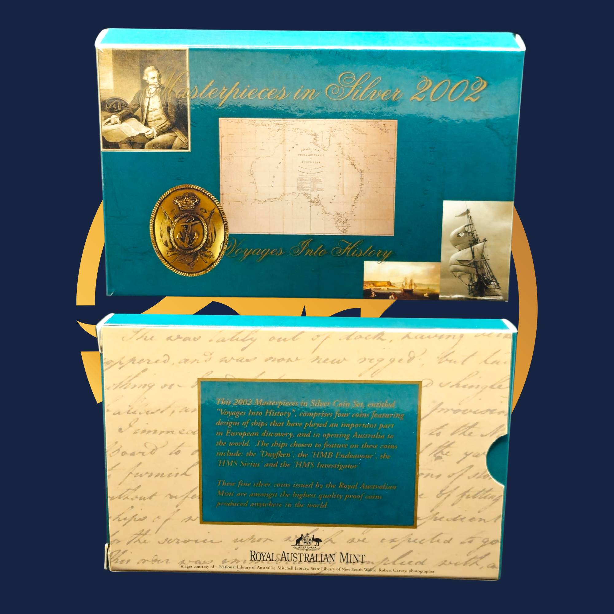 Two boxes from the Royal Australian Mint 2002 Voyages into History with historical design elements on a dark blue background.