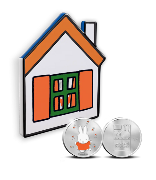 2025 70 years Miffy silver five-ounce medallion from the Royal Dutch Mint house-shaped case with reverse and obverse coin featuring Miffy cartoon character on a white background