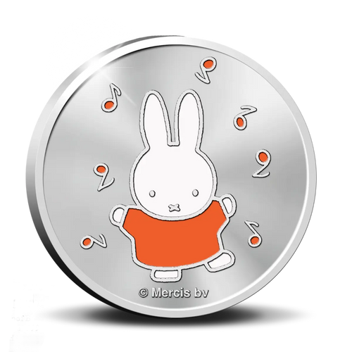 2025 70 years Miffy silver five-ounce medallion from the Royal Dutch Mint with a Miffy cartoon rabbit character and orange dress on a white background