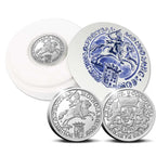 2022 official restrike "Silver Rider" two-ounce silver coin from the Royal Dutch Mint reverse and obverse with Royal Deft Blue earthenware featuring a blue decorative design of a horse and rider on a white background