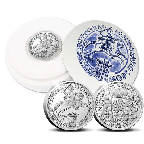 2022 official restrike "Silver Rider" two-ounce silver coin from the Royal Dutch Mint reverse and obverse with Royal Deft Blue earthenware featuring a blue decorative design of a horse and rider on a white background