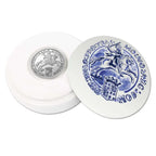 2022 official restrike "Silver Rider" two-ounce silver coin from the Royal Dutch Mint with Royal Deft Blue earthenware featuring a blue decorative design of a horse and rider on a white background