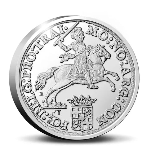 2022 official restrike "Silver Rider" two-ounce silver coin from the Royal Dutch Mint with a horse and rider design on a white background