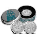 2024 official restrike "Scheepjesschelling" two-ounce silver coin from the Royal Dutch Mint reverse and obverse with tin casing.