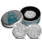 2024 official restrike "Scheepjesschelling" two-ounce silver coin from the Royal Dutch Mint reverse and obverse with tin casing.