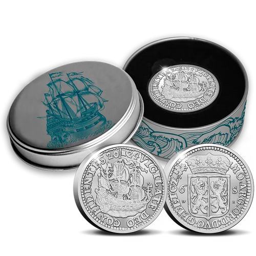 2024 official restrike "Scheepjesschelling" two-ounce silver coin from the Royal Dutch Mint reverse and obverse with tin casing.