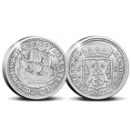 2024 official restrike "Scheepjesschelling" two-ounce silver coin from the Royal Dutch Mint reverse and obverse with engraved designs of a ship, text, and a shield.