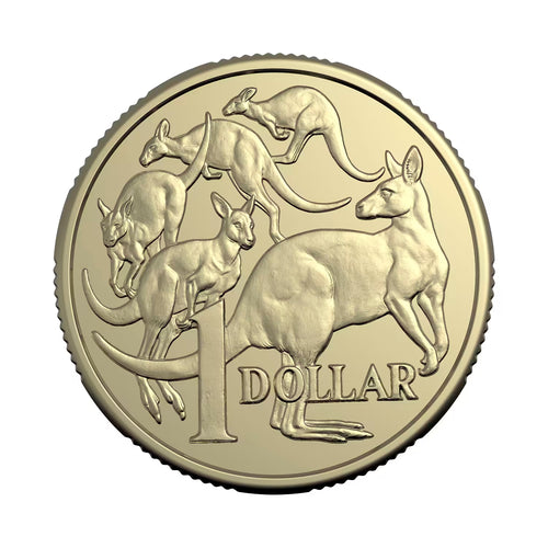 Coin featuring kangaroo design with 'Dollar' text on a white background
