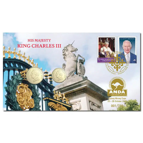 Royal commemorative set with coins and a stamp featuring King Charles III on a decorative background.
